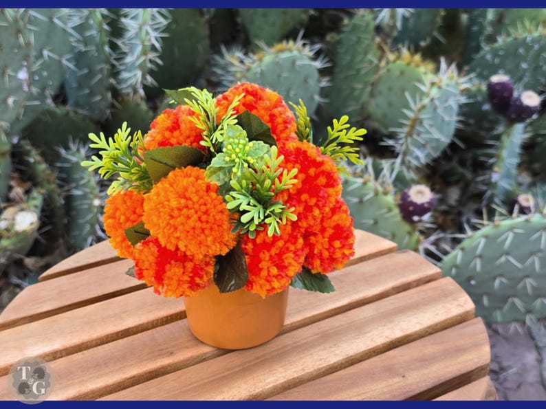 Orange Marigold Flowers Decoration | Pom-pom Flower Arrangement | Diwali Decor | Dia de los Muertos Ofrenda Flowers | Handmade Cempasuchil image 6