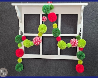 Bright Green and Candy Cane Red Christmas Garland | Pom-pom Holiday Garland | Grinch Party Decoration | Washable Reusable Christmas Decor