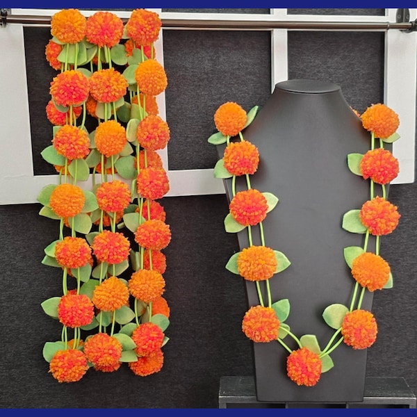 Orange Marigold Flower Lei | Handmade Pom pom Cempasuchil | Dia de Muertos Necklace | Ofrenda Decor | Altar Decor | Diwali Gift | Fall Party