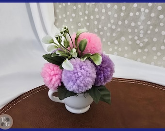 Lavender and Pink Mini Flower Arrangement| Toy Teacup Decor | Small Pom-pom Flower Bouquet