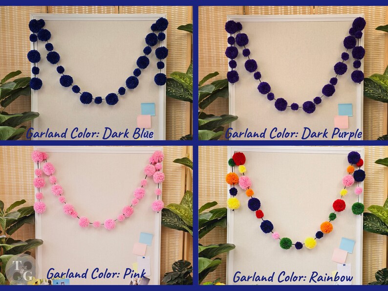 May include: Four pom-pom garlands in different colors: dark blue, dark purple, pink, and rainbow. Each garland is hanging on a white board with a light blue background.
