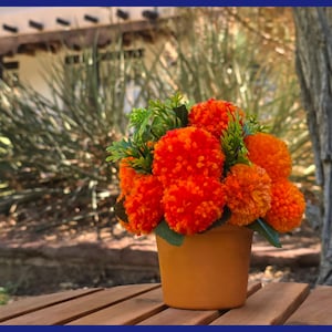 Orange Marigold Flowers Decoration | Pom-pom Flower Arrangement | Diwali Decor | Dia de los Muertos Ofrenda Flowers | Handmade Cempasuchil image 1
