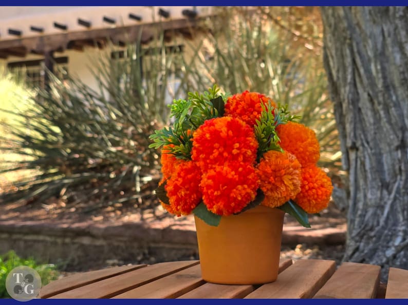 Orange Marigold Flowers Decoration | Pom-pom Flower Arrangement | Diwali Decor | Dia de los Muertos Ofrenda Flowers | Handmade Cempasuchil image 1