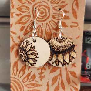 Wood Burned Sunflower Earrings