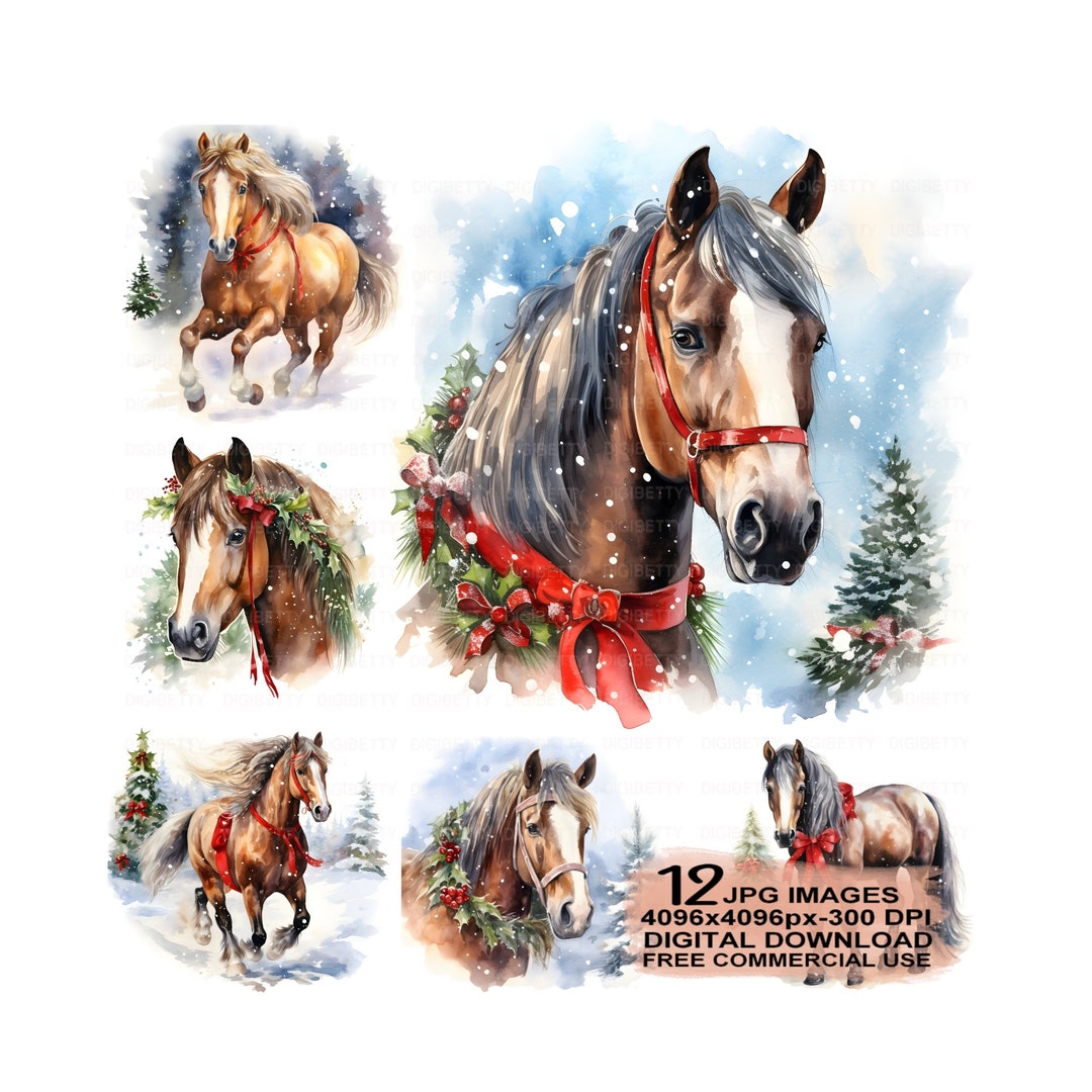 Watercolor Christmas Horse Clipart 12 Jpg Files, Horse Jpg, Digital ...