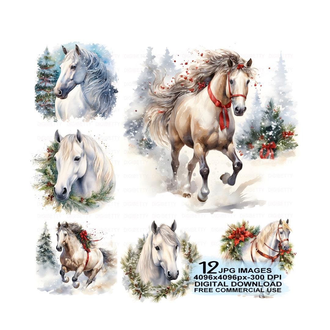 Watercolor Christmas Horse Clipart 12 Jpg Files, Horse Jpg, Digital ...