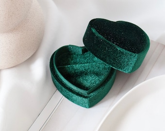 Green Velvet Heart Ring Box, Double Ring & Necklace Gift Box