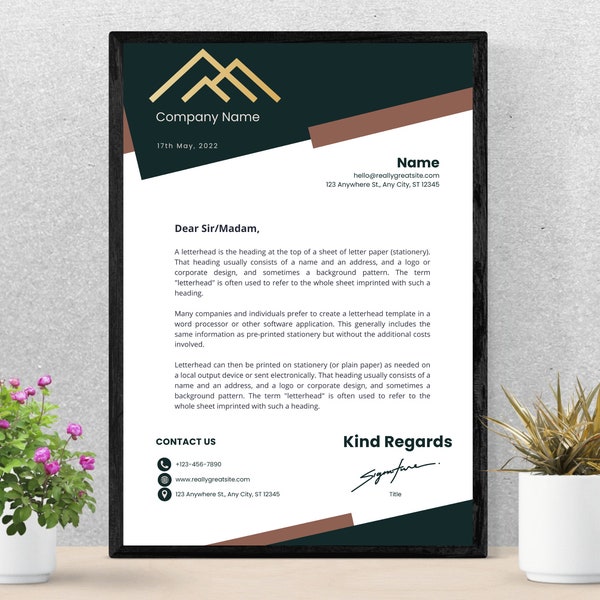 Professional Modern Editable Letterhead Template for Small Business in Canva and Word.  Fully Printable
