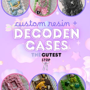 May include: A promotional image showcasing custom resin Decoden phone cases. The cases feature various designs, including a blue case with a moon and clouds, a pink case with flowers and a character, and a black lace case with a skull.