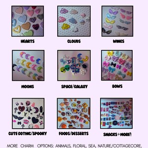 May include: A collage of images showcasing various charm themes, including hearts, clouds, wings, moons, space, bows, cute gothic/spooky, foods/desserts, and snacks. The text "COMMON CHARMS/THEMES" is at the top of the image.