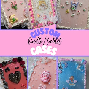 May include: Six custom-designed Kindle or tablet cases with various themes. The cases are decorated with colorful embellishments, including characters, flowers, and glitter.  The text "CUSTOM kindle | tablet CASES" is displayed in the center of the image.