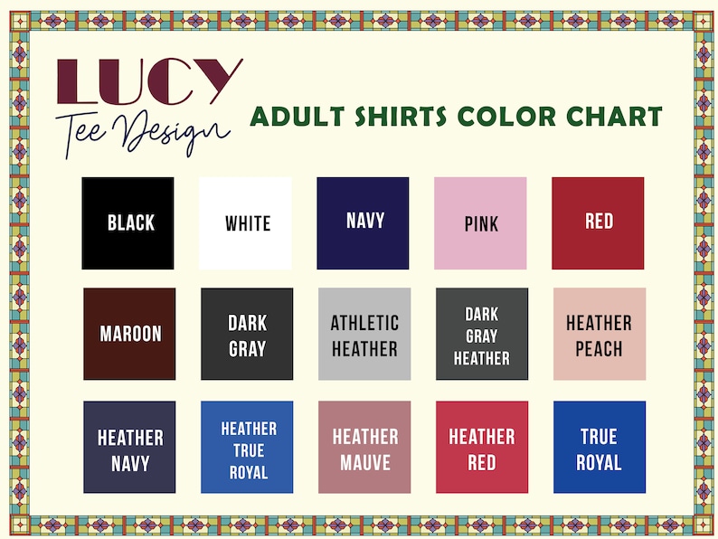 May include: Color chart for adult shirts with 18 different color options. The colors include black, white, navy, pink, red, maroon, dark gray, athletic heather, dark gray heather, heather peach, heather navy, heather true royal, heather mauve, heather red, and true royal.