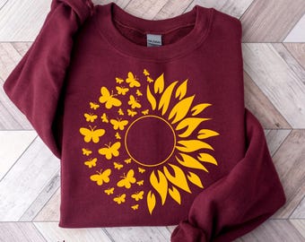 Butterflies Sunflower Sweatshirt, Sunflower Sweatshirt, Butterfly Crewneck,Floral Botanical Tee,Flowers Gift T-shirt, Mothers Day Gift Shirt