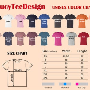 May include: Unisex t-shirt color chart with 18 different color options. The chart also includes a size chart with measurements in inches for XS, S, M, L, XL, 2XL, and 3XL sizes. The size chart shows width and length measurements.