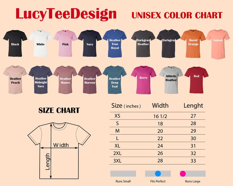 May include: Unisex t-shirt color chart with 18 different color options. The chart also includes a size chart with measurements in inches for XS, S, M, L, XL, 2XL, and 3XL sizes. The size chart shows width and length measurements.