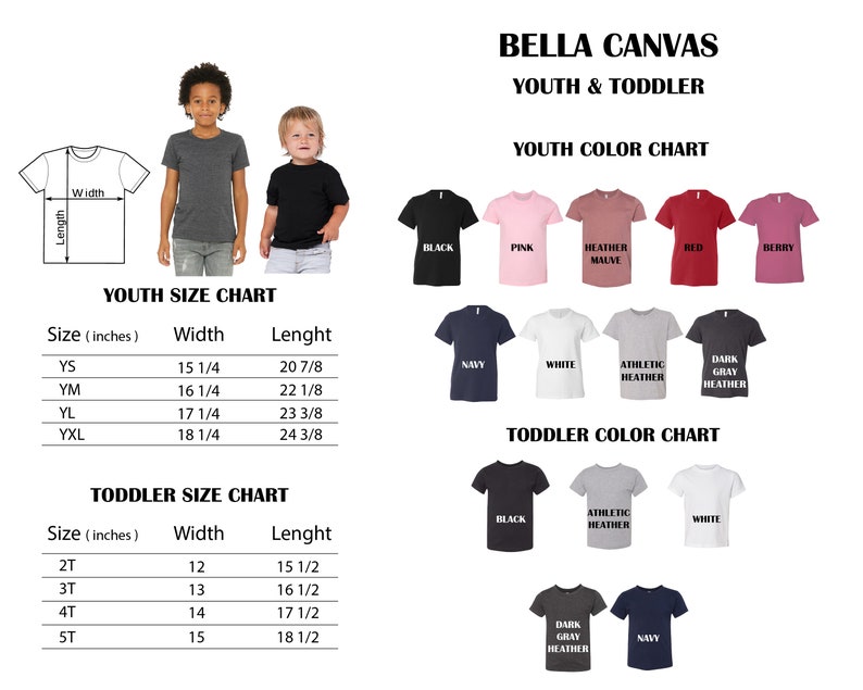 May include: Bella Canvas youth and toddler size chart with color chart. The chart shows the different sizes and colors available for youth and toddler t-shirts. The sizes are listed in inches. The colors are shown as small squares of fabric.