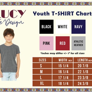 May include: Youth T-shirt size chart with measurements in inches. The chart shows sizes S, M, L, and XL with corresponding width and length measurements. The chart is on a brown background with a white border.