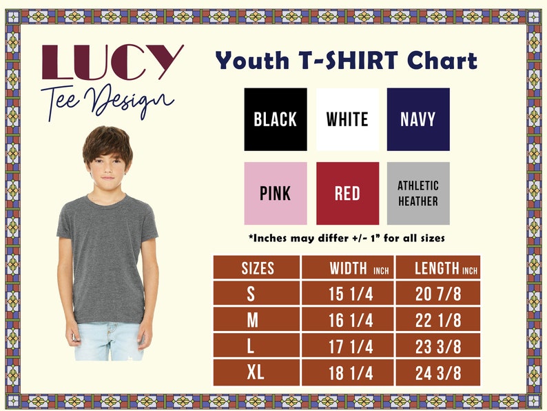 May include: Youth T-shirt size chart with measurements in inches. The chart shows sizes S, M, L, and XL with corresponding width and length measurements. The chart is on a brown background with a white border.