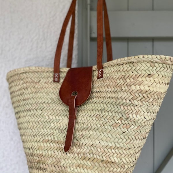 Panier cabas en paille et cuir