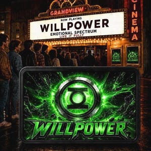 May include: A rectangular sign featuring a glowing green circular emblem with a central symbol, surrounded by dark, swirling energy. The text WILLPOWER is displayed in bold green letters at the bottom. The background shows a cinema marquee.