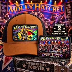 May include: A tan and black trucker hat featuring a rectangular patch with a warrior illustration and the text Molly Hatchet. A second rectangular patch shows a band photo with the text Molly Hatchet, Jacksonville, Est. 1971, and includes two metal pins.