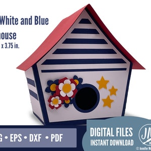 3d House SVG, Red, White and Blue Birdhouse, Paper House SVG, Silhouette and Cricut cut file, Layered Paper house.