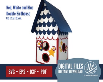 3d House SVG, Birdhouse, Red, White and Blue, Double Decker Birdhouse, Paper House SVG, Silhouette and Cricut cut file, Layered Paper house.