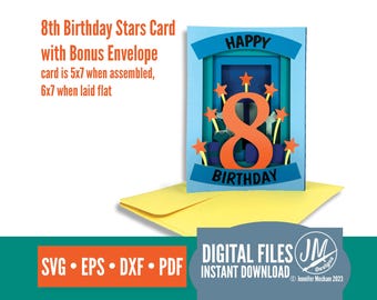 8th Birthday Card SVG | 3D Shadow Box Tunnel Card | Cricut Silhouette File | Birthday Card for Boy or Girl