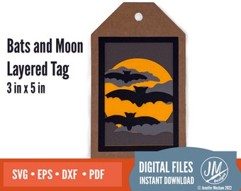 Halloween Bats & Moon Layered Gift Tag SVG | Cute Bat Night Scene Cut File for Cricut and Silhouette