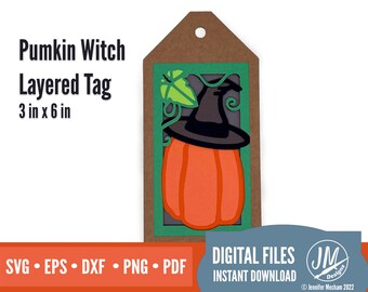 Halloween Pumpkin Witch layered digital cut file, SVG, gift tag, Silhoutte, Cricut,  dxf, eps, png, pdf