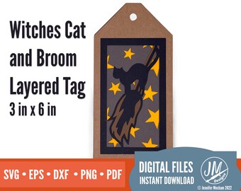 Halloween Witches Cat Gift Tag SVG: 5 Layer Broom Design (Digital Download)