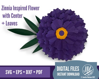 3D Zinnia Inspired Flower, 3d Flower & Leaf SVG, 3D Paper Flower,  Silhouette and Cricut SVG, Layered Paper flower, DIY Paper Flower.