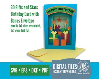 3D Birthday Gifts and Stars Tunnel Book Card – SVG Layered Design, Silhouette Cut file, Cricut cut file, diy handmade greeting card
