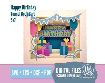 3D Happy Birthday SVG layered card, tunnel book,  Silhouette Cut file, Cricut cut file, diy handmade greeting card