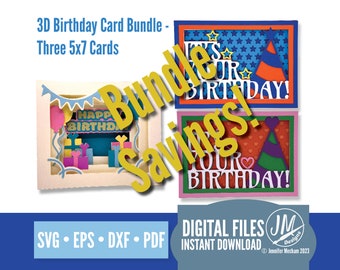 May include: A digital download bundle of three 3D birthday cards. The cards are 5x7 inches and feature a variety of birthday themes, including a happy birthday banner, a birthday hat, and a heart. The cards are designed to be cut out and assembled into 3D pop-up cards. The text on the image reads "Bundle Savings!" and "Digital Files Instant Download".