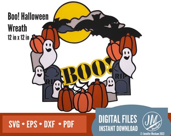 3D Halloween Wreath SVG | Boo Pumpkin Ghost Bat Moon | Layered Cut File for Cricut & Silhouette
