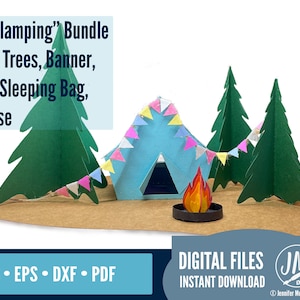 3D Camping Bundle SVG, Tent, Pine Tree, Fire, Banner, Paper House SVG, Silhouette and Cricut cut file, Layered Paper house.