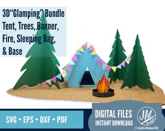 3D Camping Bundle SVG, Tent, Pine Tree, Fire, Banner, Paper House SVG, Silhouette and Cricut cut file, Layered Paper house.