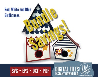 3d House SVG Bundle, Red, White and Blue Birdhouse, Paper House SVG, Silhouette and Cricut cut file, Layered Paper house.