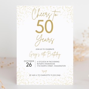 50th Birthday Invite, Gold 50th Birthday Invitation, Personalized Birthday Invitation, Cheers to 50 Years Invitation Template