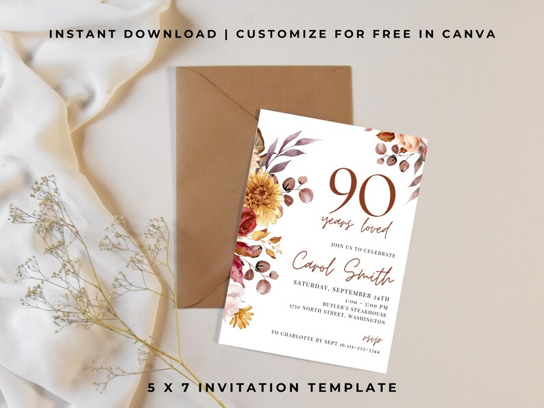 90th Birthday Invitation, Floral Birthday Invitation for Woman
