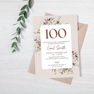 Elegant Floral 100th Birthday Invitation for Women, 100th Birthday Party Invite Personalized Printable Invitation Template