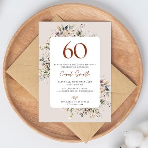 Editable Fall 60th Birthday Invitation - Floral Autumn Party Invite - Digital Download - Women’s Birthday Celebration