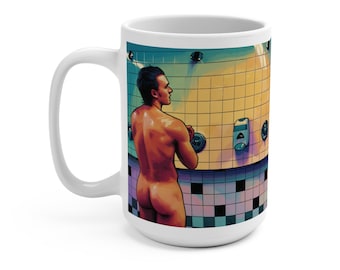 Tasse chauffée Scène de douche Rivalité 15 oz | Art Queer Café Thé Céramique