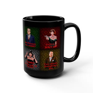 Clue Movie Cast Mug, 15oz | Funny Coffee Cup for Friends, Unique Gift for Birthdays, Halloween Decor, Office Humor, Quirky Present