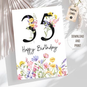 印刷可能な35歳の誕生日カード 35歳の誕生日の節目となる空白カード（お母さん、友達、姉妹、叔母、先生、同僚向け） 野の花と35歳の年齢の数字