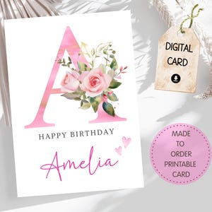 Cartão personalizado decorativo com monograma de rosas, nome personalizado, cartão de aniversário com flores rosas, faça você mesmo, baixe e imprima o cartão para mãe, irmã, amiga e prima