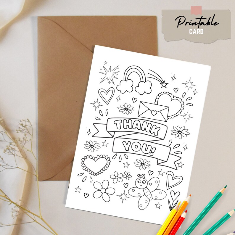 Printable Thank You Coloring Card Color Your Own DIY Fun Thank You Card