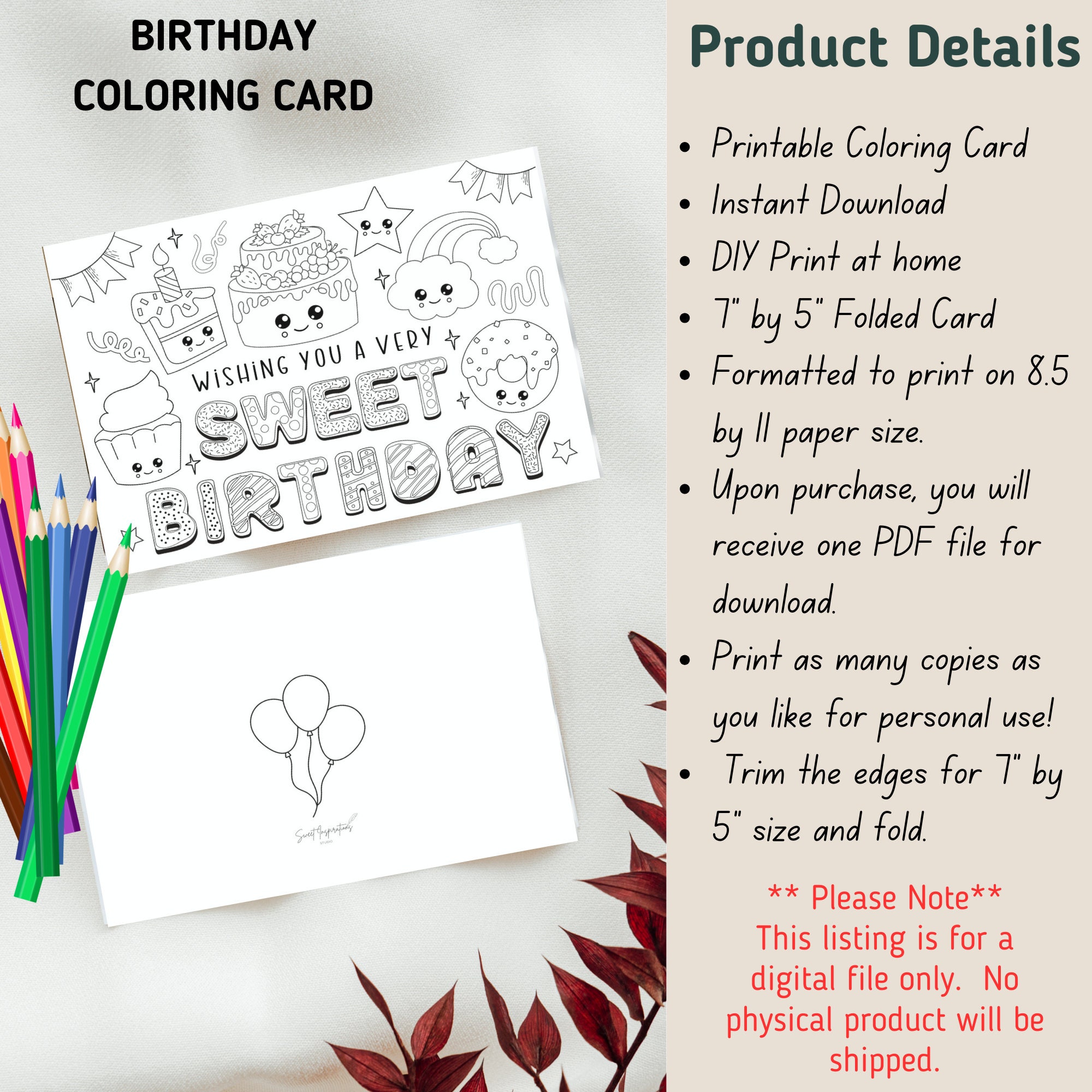 Printable Kids Birthday Coloring Card Print and Color Birthday Card for Kids Birthday Color Your ...