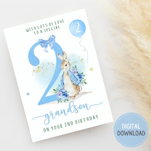 2e carte de joyeux anniversaire imprimable pour petit-fils | Téléchargement instantané | Carte d'anniversaire mignonne Peter Rabbit Boy | Carte pliée 5 x 7 cm | Intérieur vierge